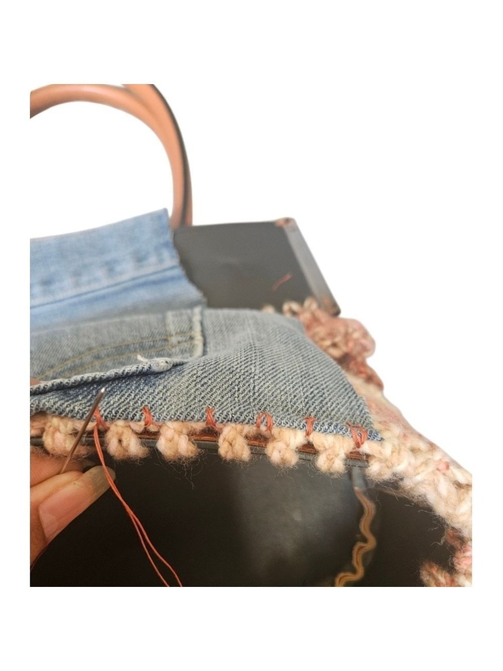 Upcycled Crochet Faux Leather Tote with Denim Pocket Fall Artisan Handbag Knit - Picture 9 of 17